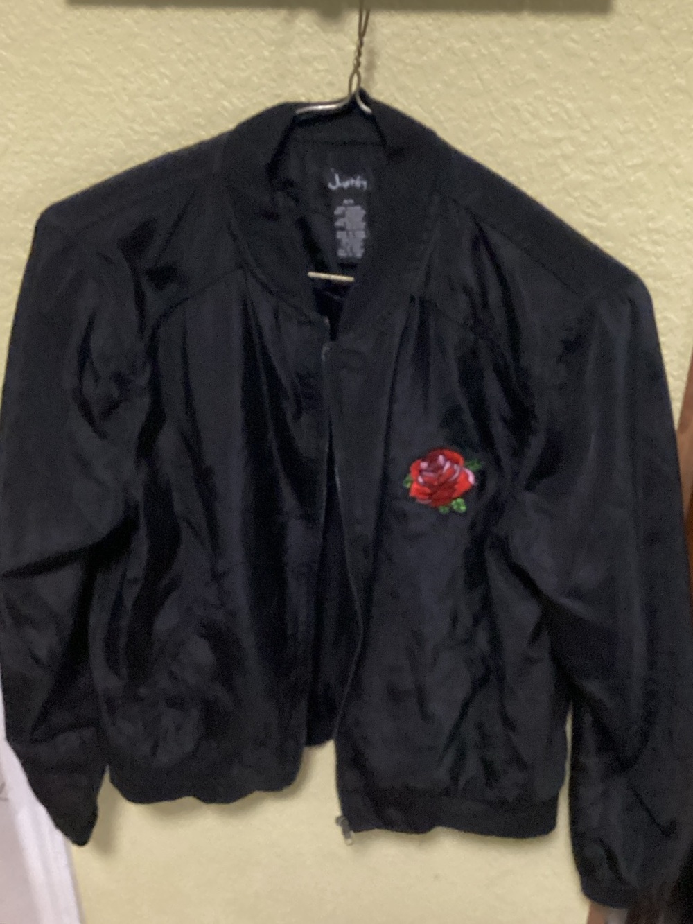 Justify Black Bomber Jacket with Red Rose Patch
